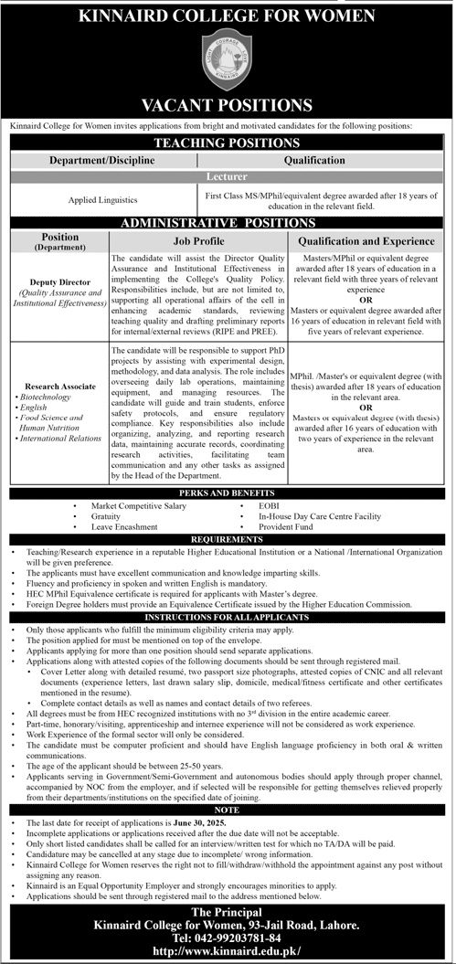 Teaching Jobs in Kinnaid College for Women Lahore
